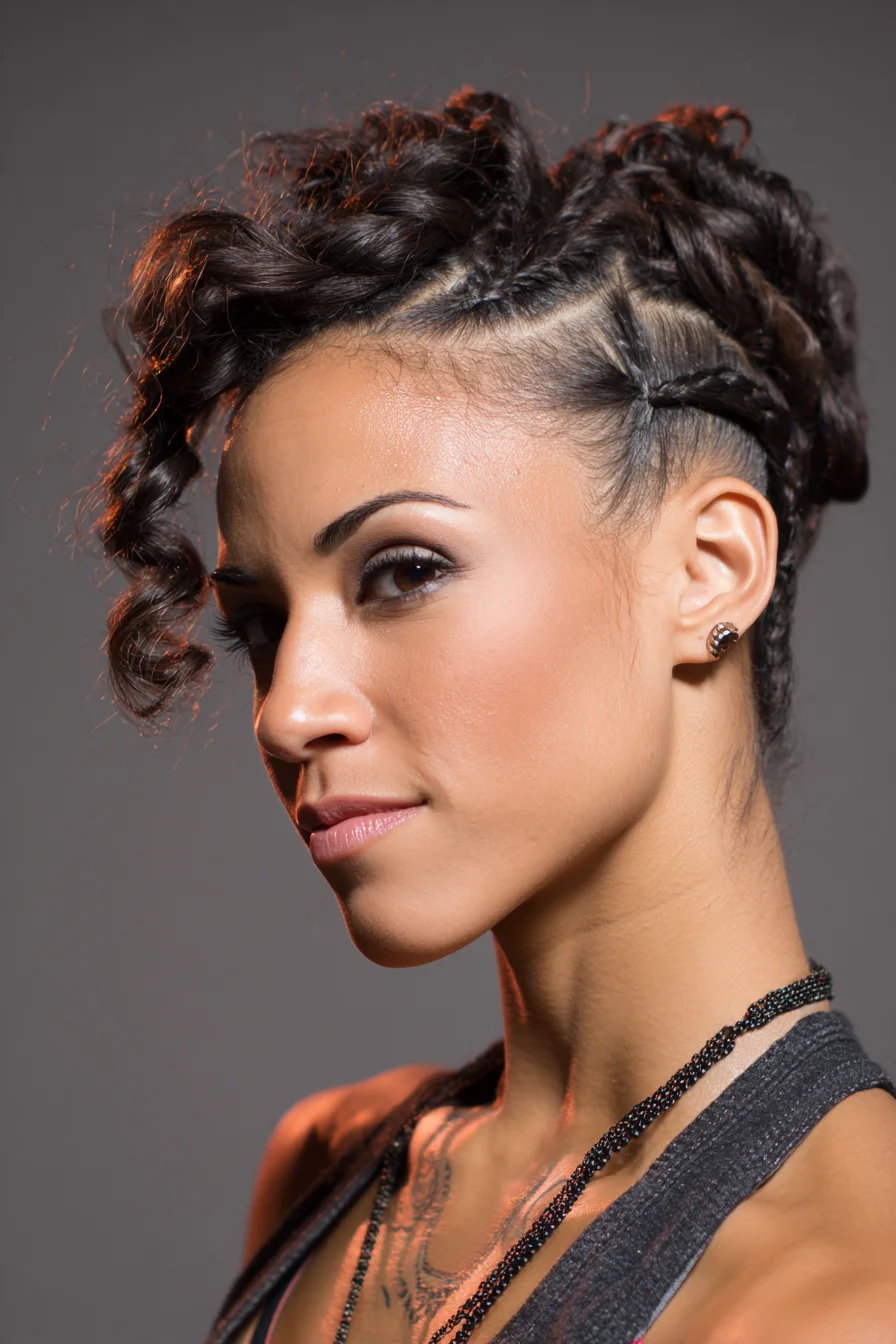 Textured Cornrow-to-Twisted Crown Updo with Curled Face‑Framing Tendril