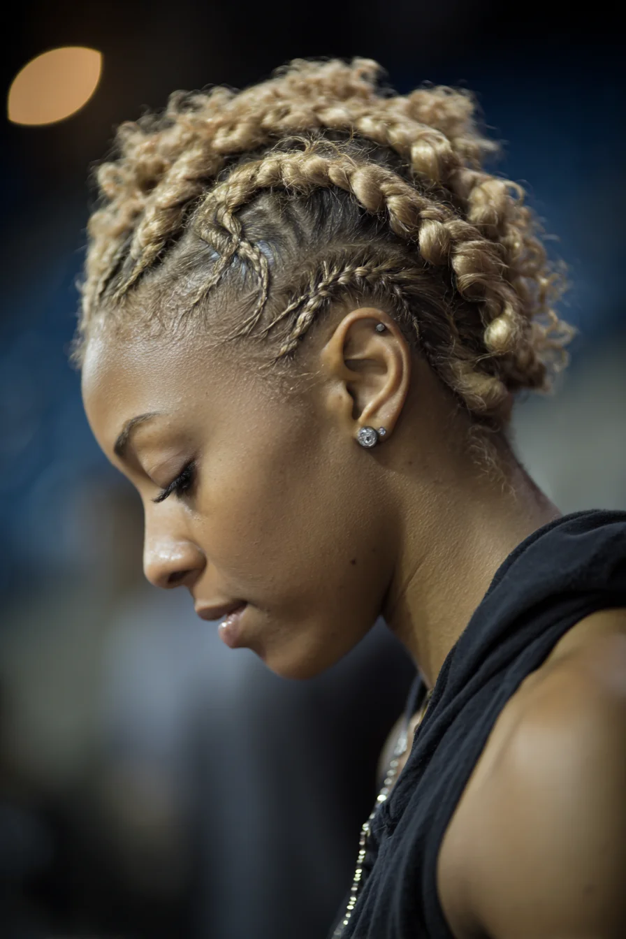 Textured Cornrows Leading to Twisted Sculpted Updo with Blonde Highlights