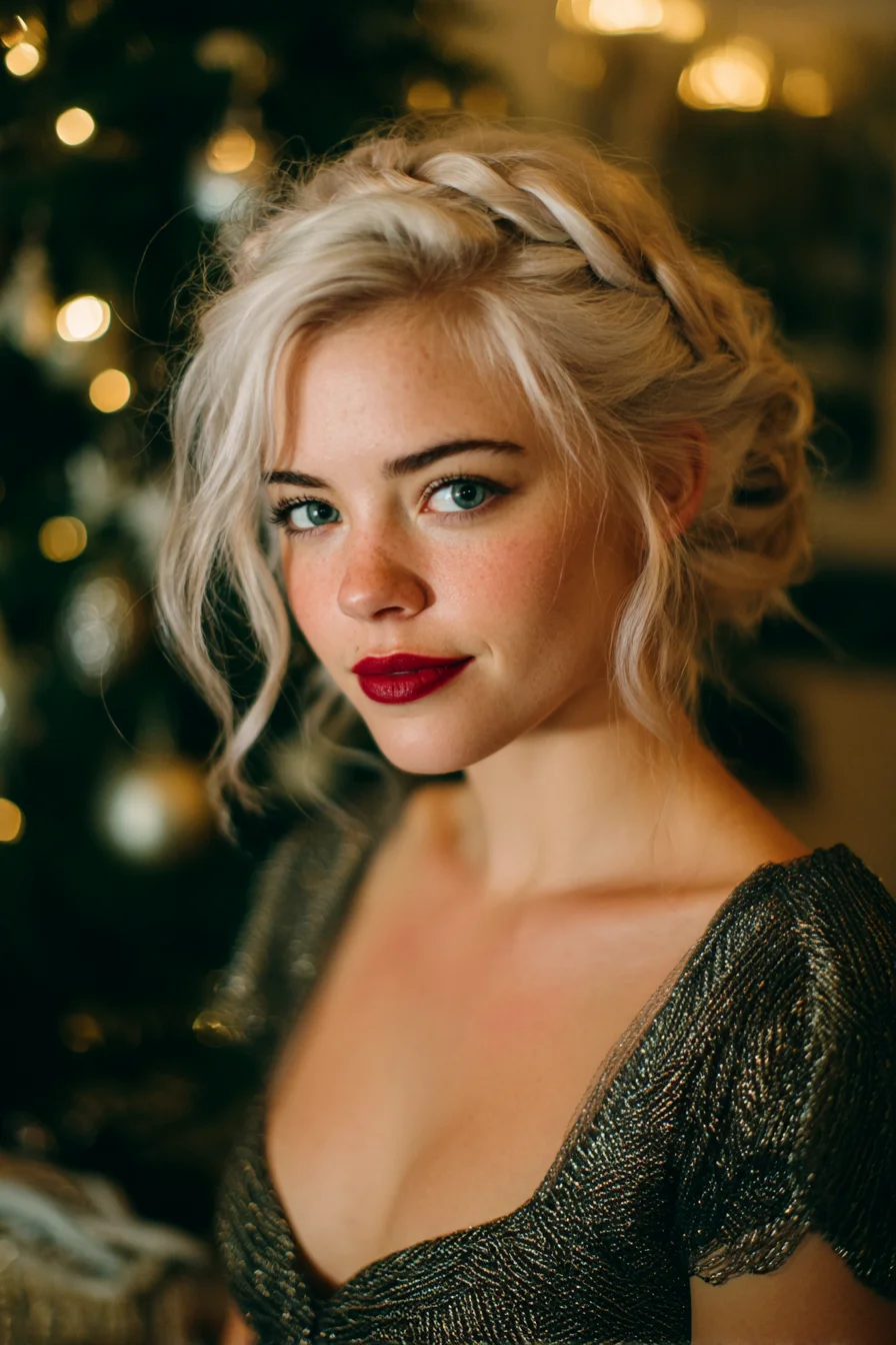 Textured Crown Braid Updo with Soft Face‑Framing Tendrils