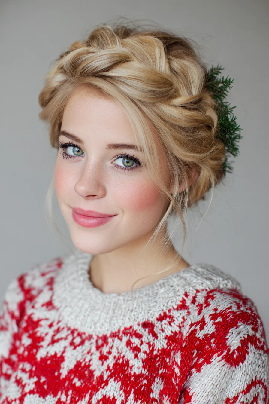 Textured Crown Braid Updo with Soft Face‑Framing Tendrils