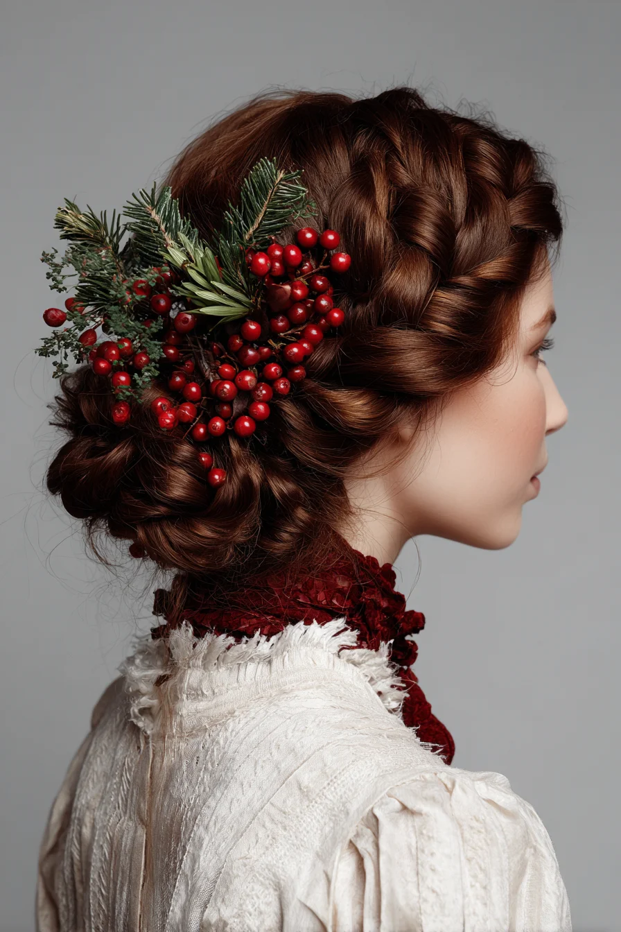 Textured Crown Braided Updo with Festive Berry Accent