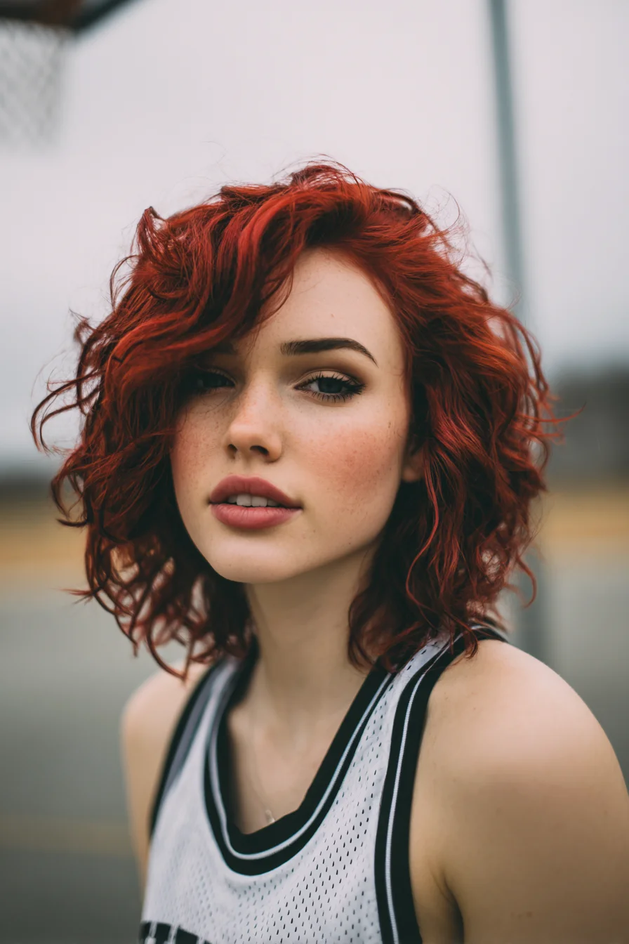 Textured Curly Bob with Side‑Swept Fringe (Red Tousled Waves)
