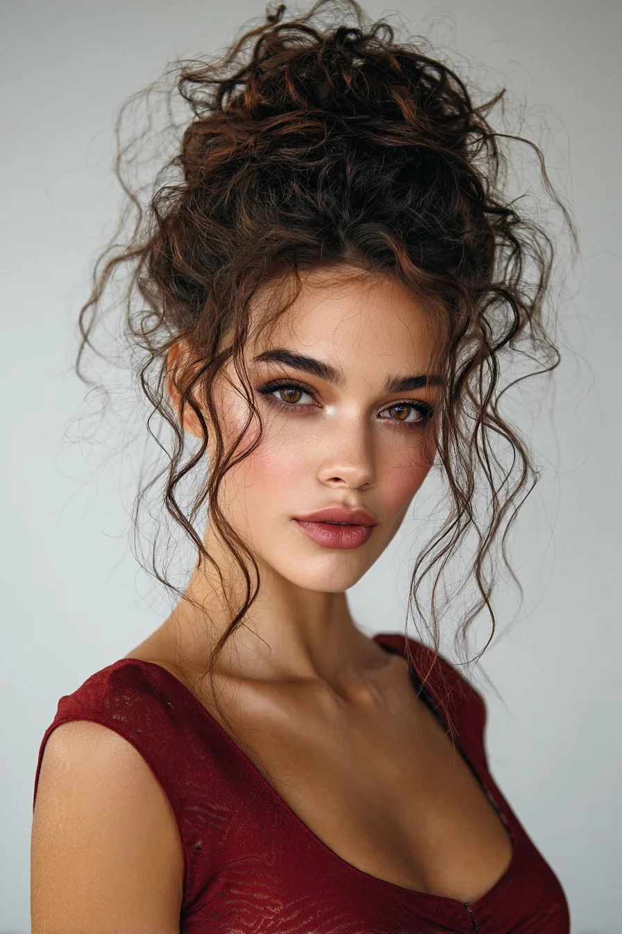 Textured Curly High Messy Bun with Loose Face-Framing Tendrils