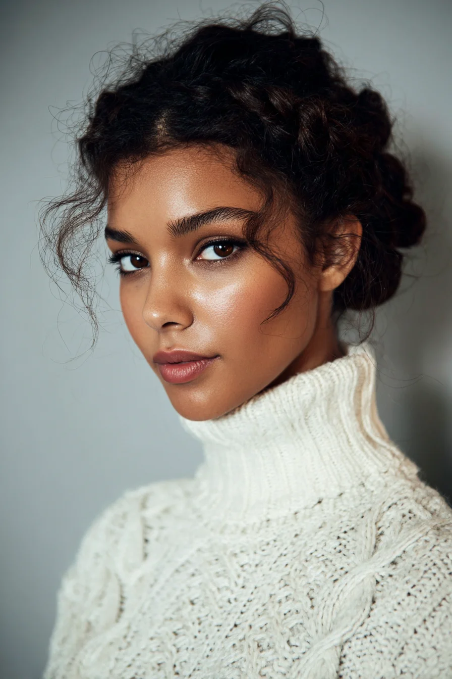 Textured Curly Low Braided Updo with Face‑Framing Tendrils