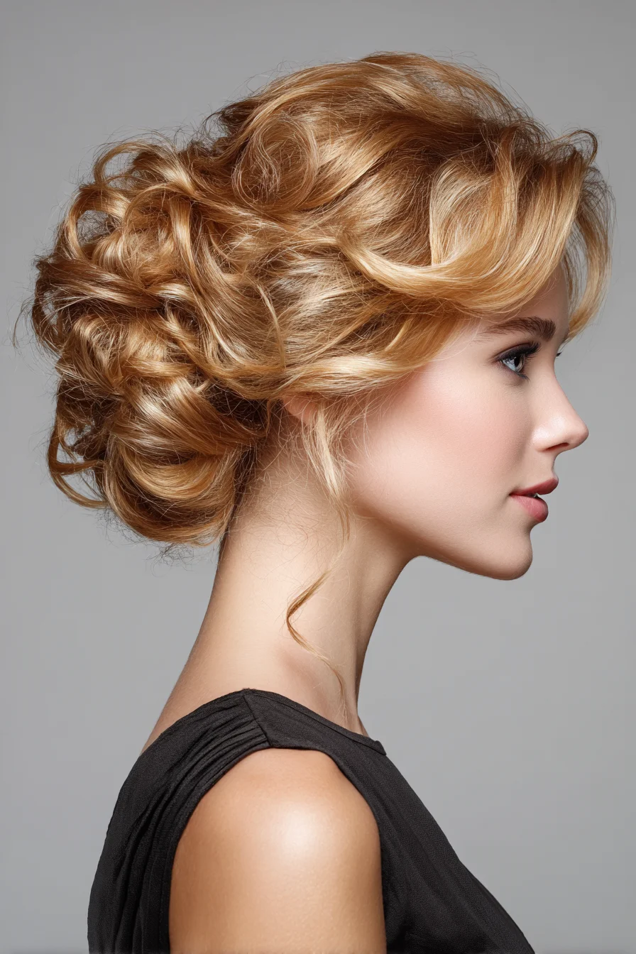 Textured Curly Low Chignon Updo with Face‑Framing Tendrils
