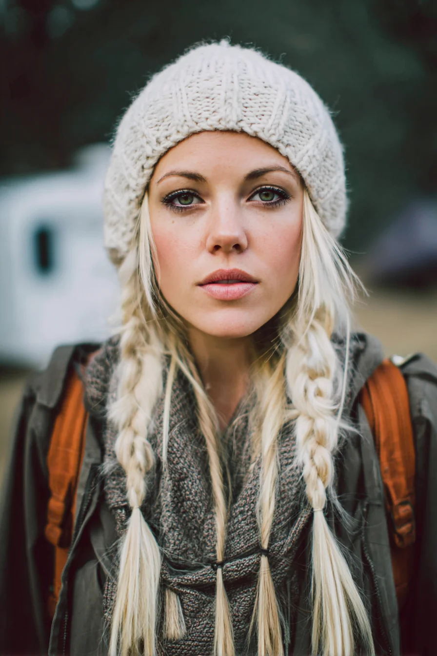 Textured Double Braids with Face‑Framing Layers — Beanie‑Ready Winter Look
