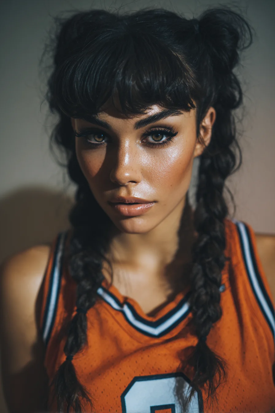 Textured Double Braids with Mini Top Buns and Blunt Fringe