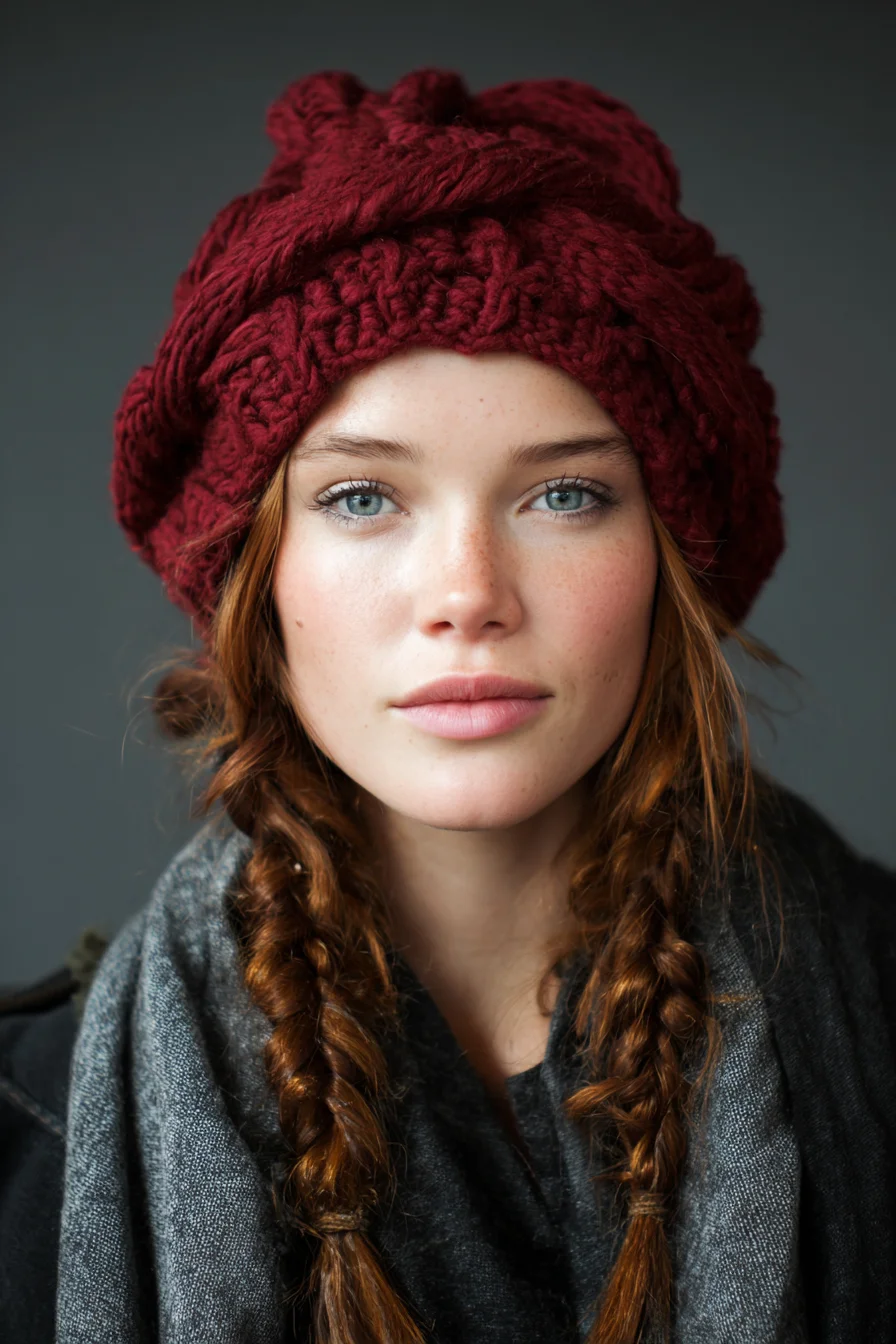Textured Double Braids with Slouchy Knit Hat — Loose Boho Twin Braids