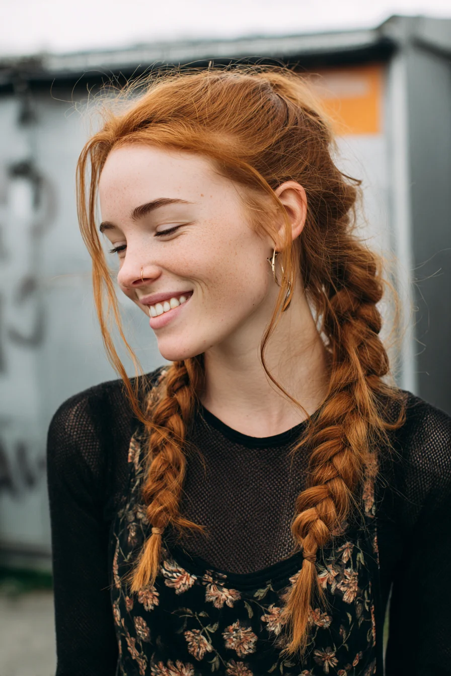 Textured Double Dutch Braids with Soft Face‑Framing Tendrils