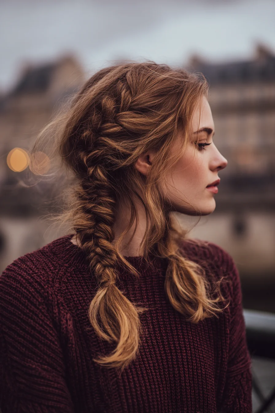 Textured Double Fishtail Braids with Loose, Messy Crown