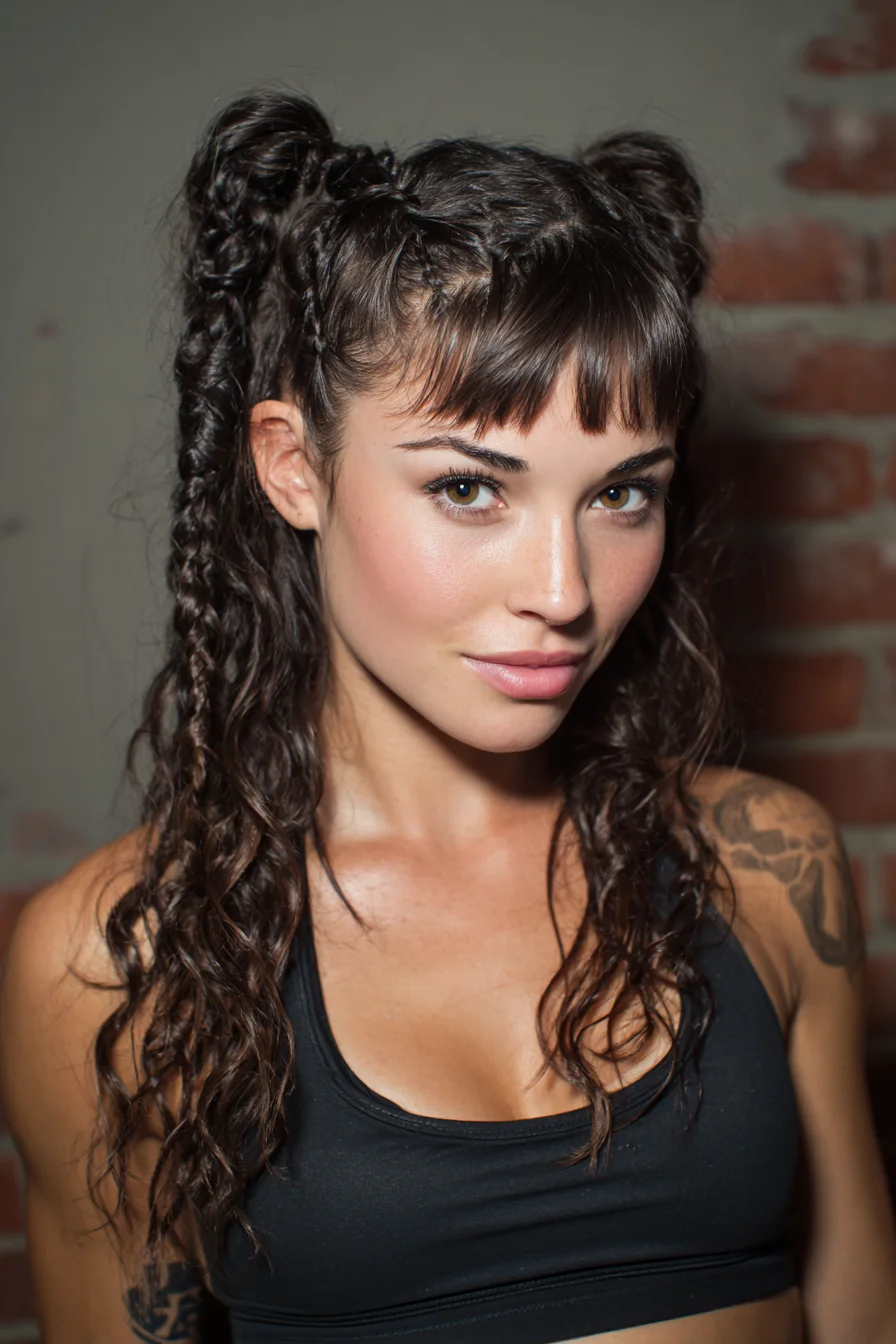 Textured Double High Ponytails with Micro-Braids and Mini Bangs