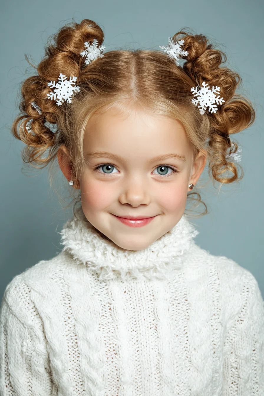 Textured Double Space Buns with Curly Accents and Snowflake Accessories