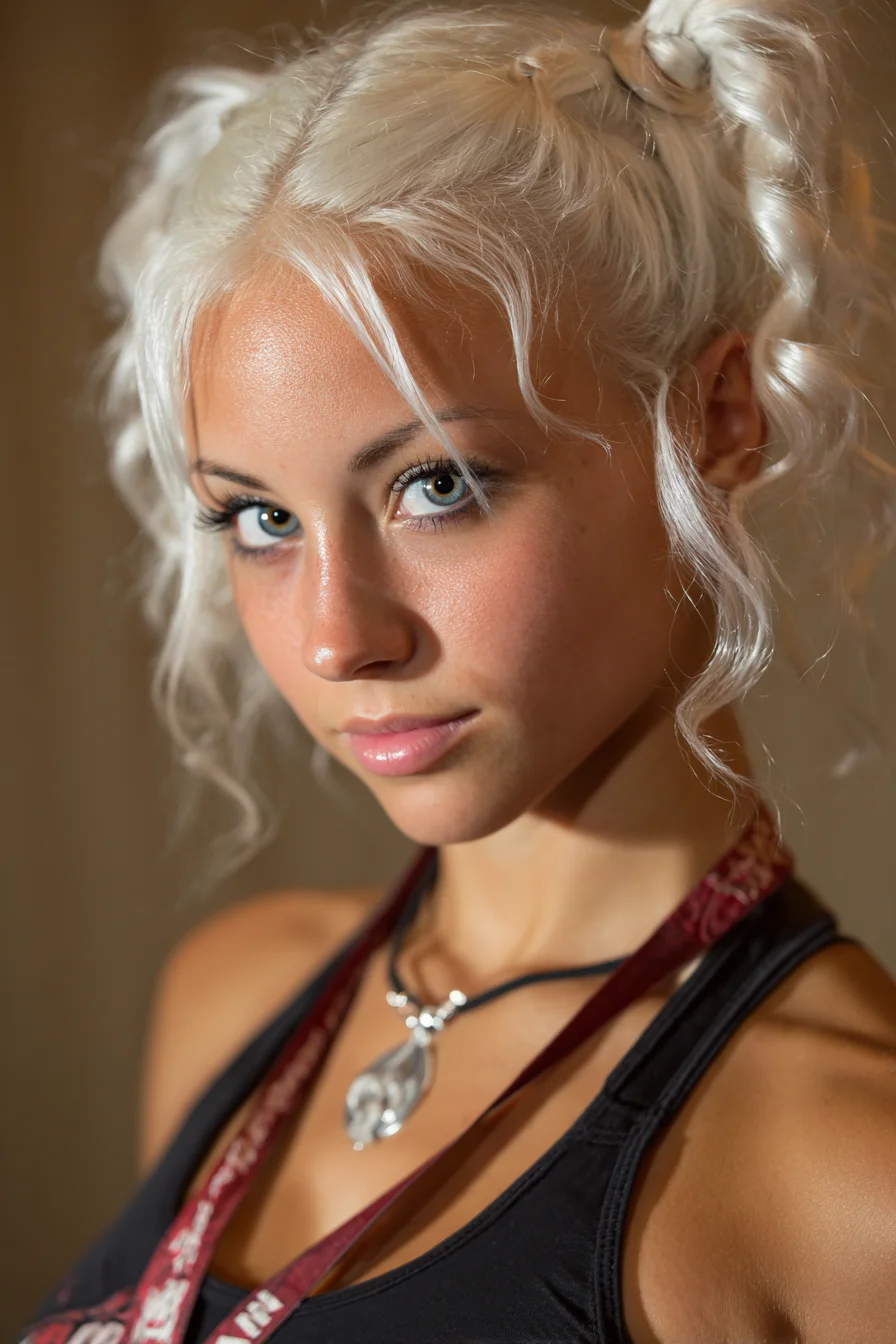 Textured Double Space Buns with Face‑Framing Curls — Platinum Blonde