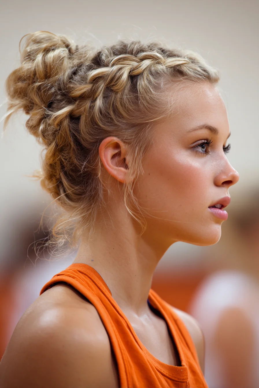 Textured Dutch Braids Leading Into a Messy High Bun Updo