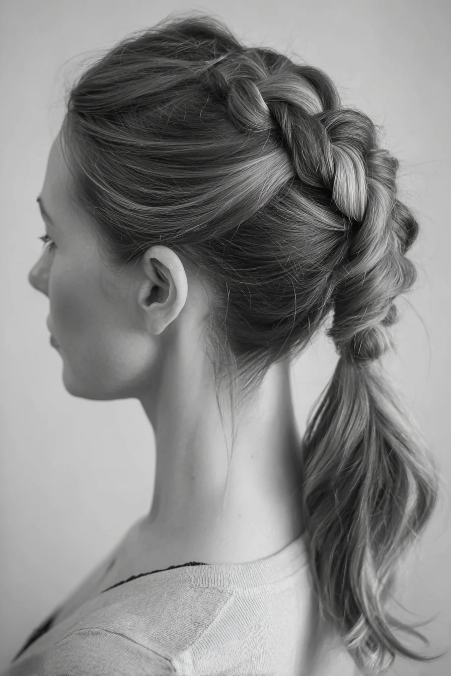 Textured Dutch (Inside-Out) Crown Braid into Low Ponytail