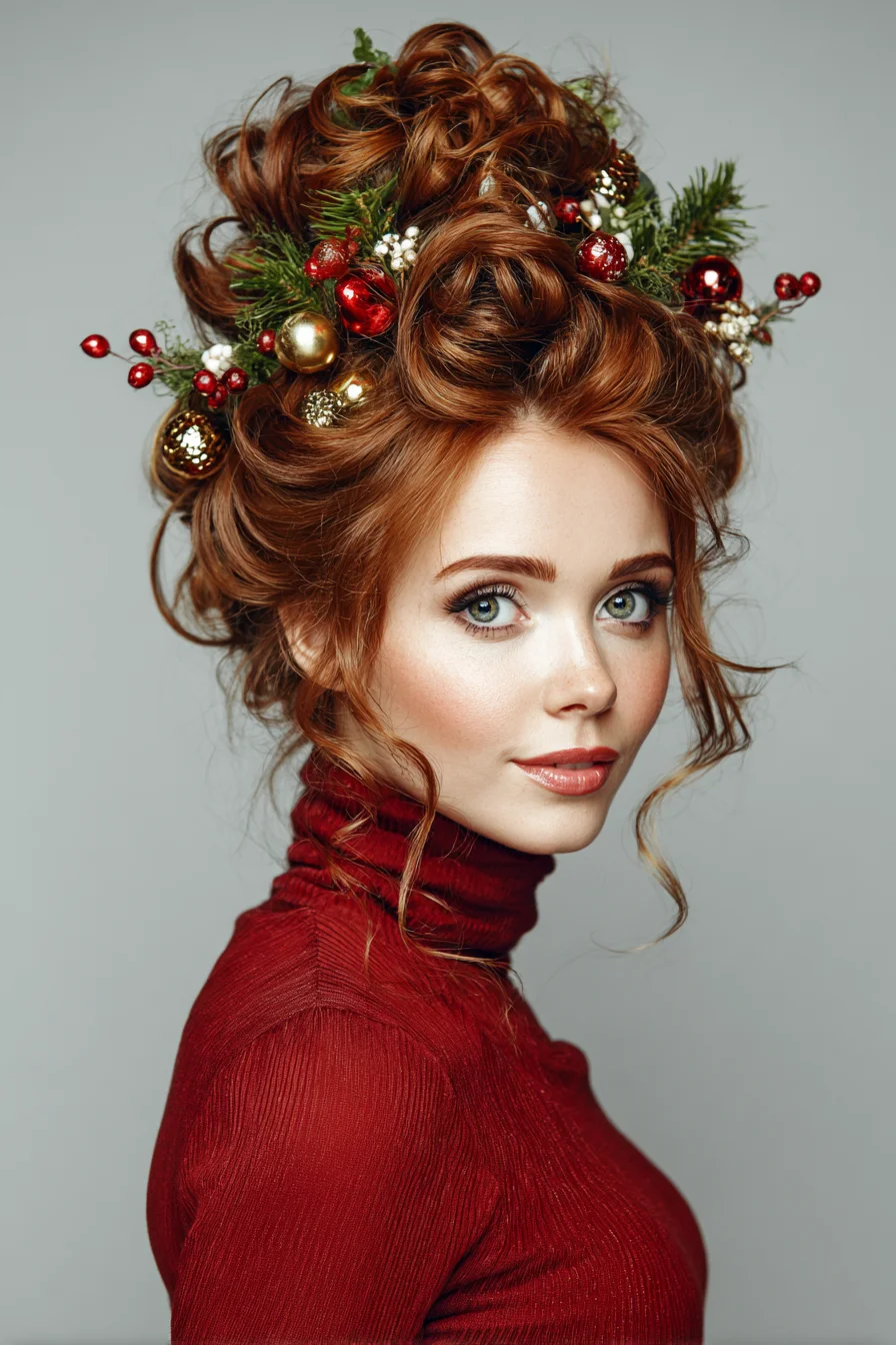 Textured Festive Updo with Holiday Greenery, Berries & Loose Tendrils