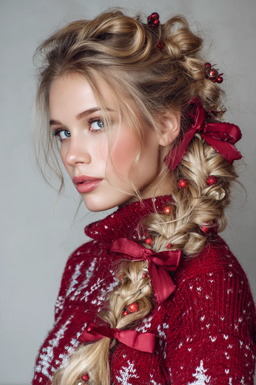 Textured Fishtail Braid with Volume, Ribbon Bows, and Festive Accents