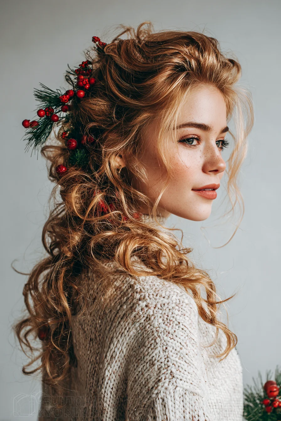Textured Half-Up Curly Hairstyle with Festive Berry Accents