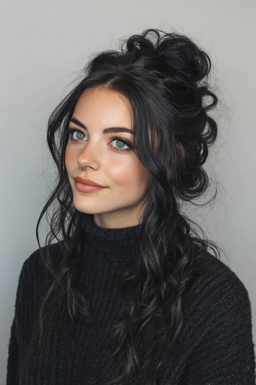 Textured Half-Up Messy Top Knot with Face‑Framing Waves