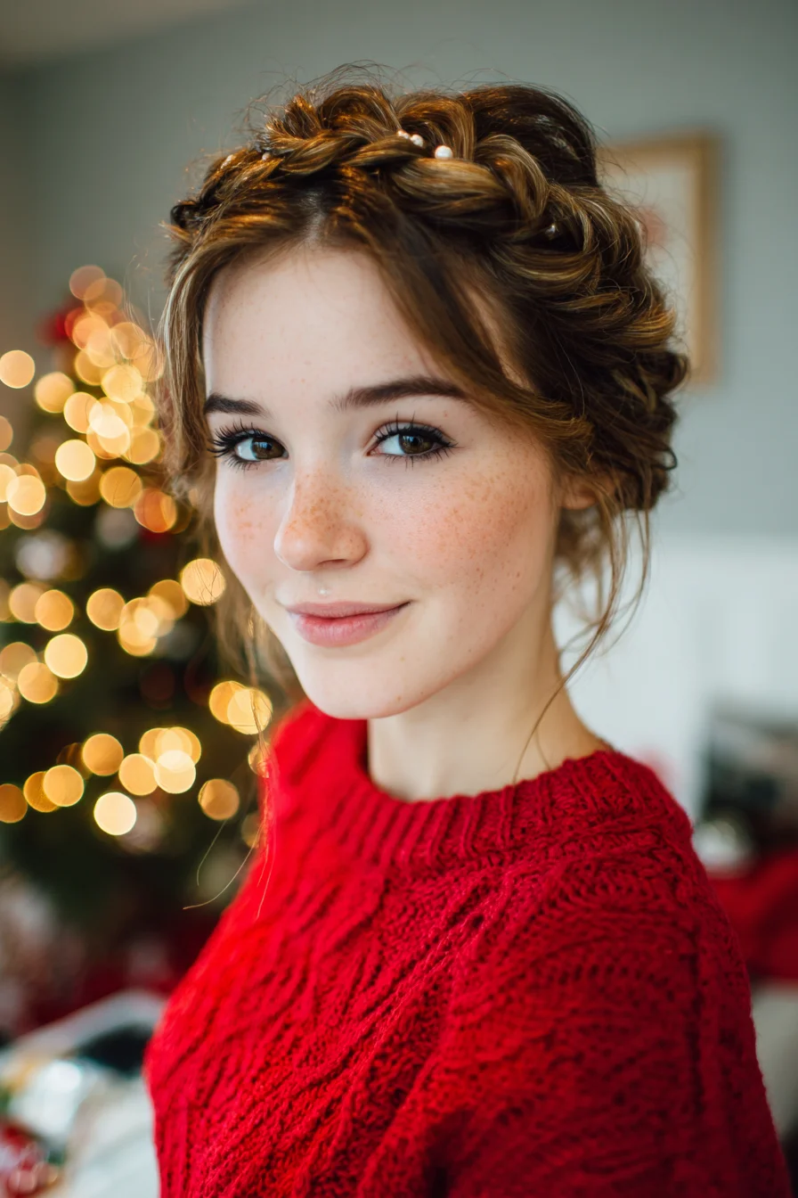 Textured Halo Braid Updo with Soft Face‑Framing Tendrils