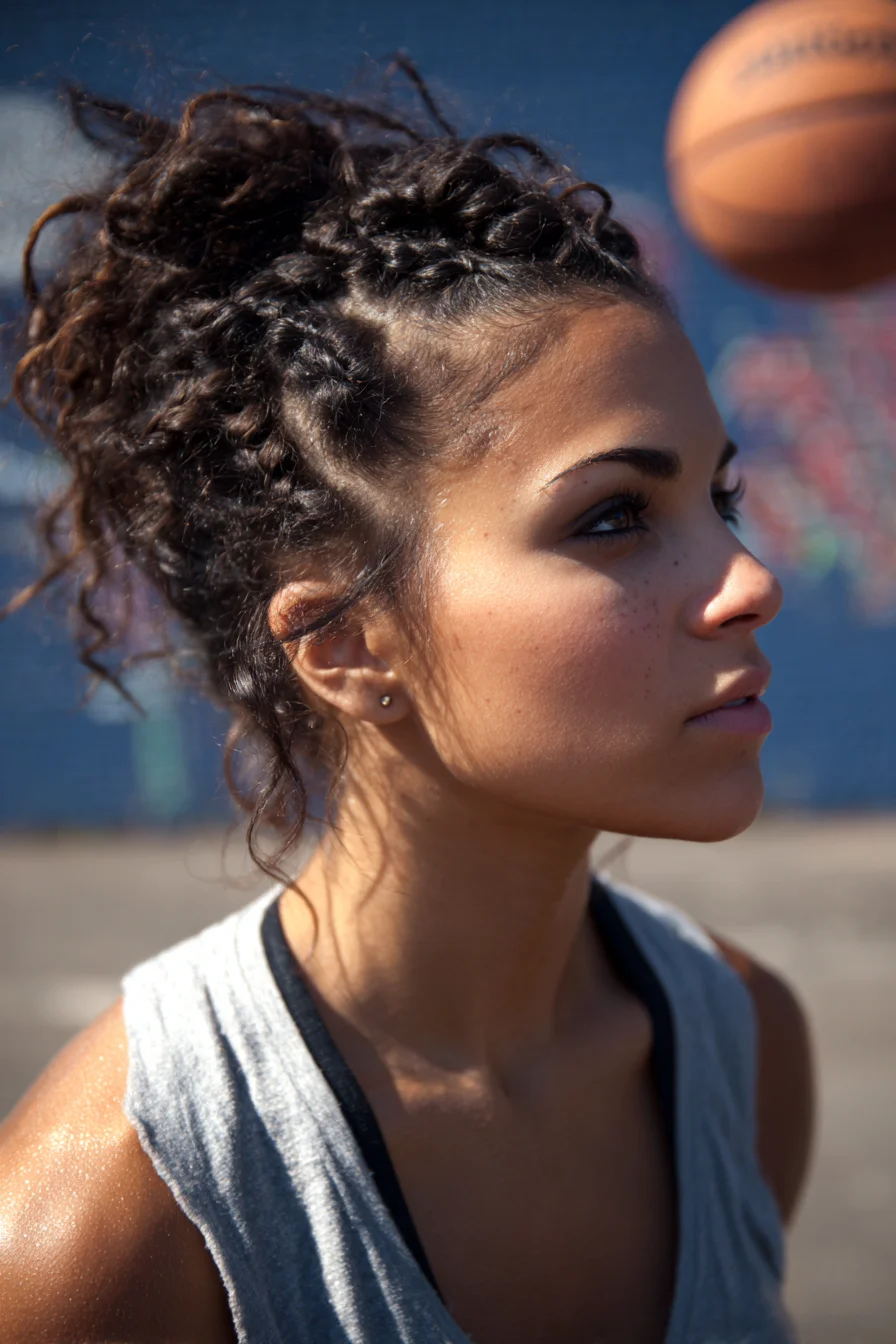 Textured High Braided Bun for Curly Hair (Cornrows to Messy Bun)