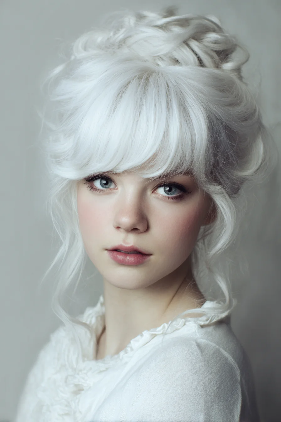 Textured High Bun with Full Fringe and Wispy Face‑Framing Pieces