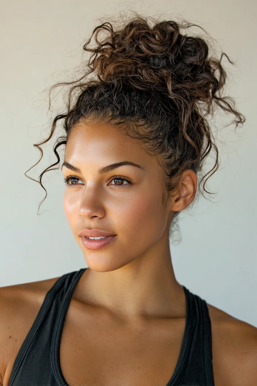 Textured High Curly Bun with Face‑Framing Tendrils