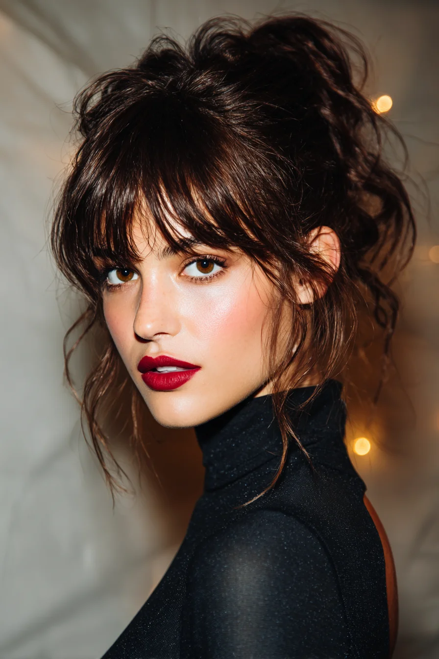 Textured High Messy Updo with Full Fringe