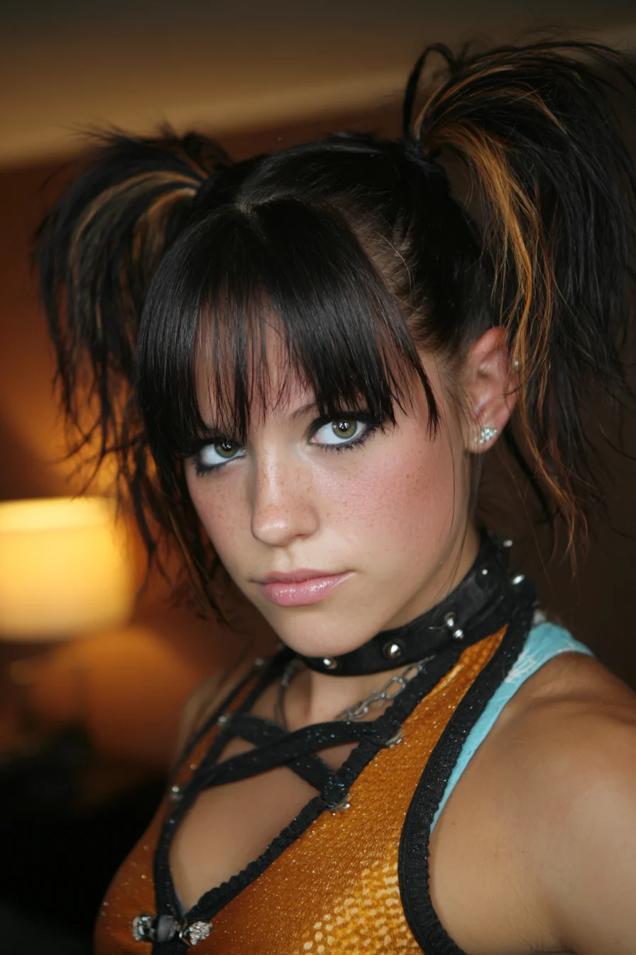 Textured High Pigtails with Choppy Fringe and Face‑Framing Highlights