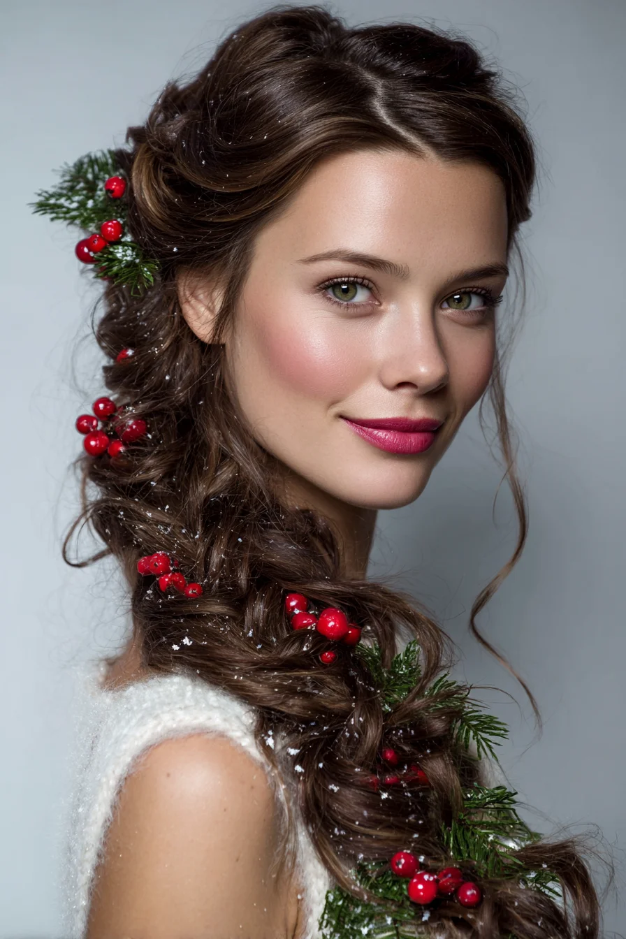Textured Holiday Side Braid with Berries — Loose Boho Twist for Long Hair