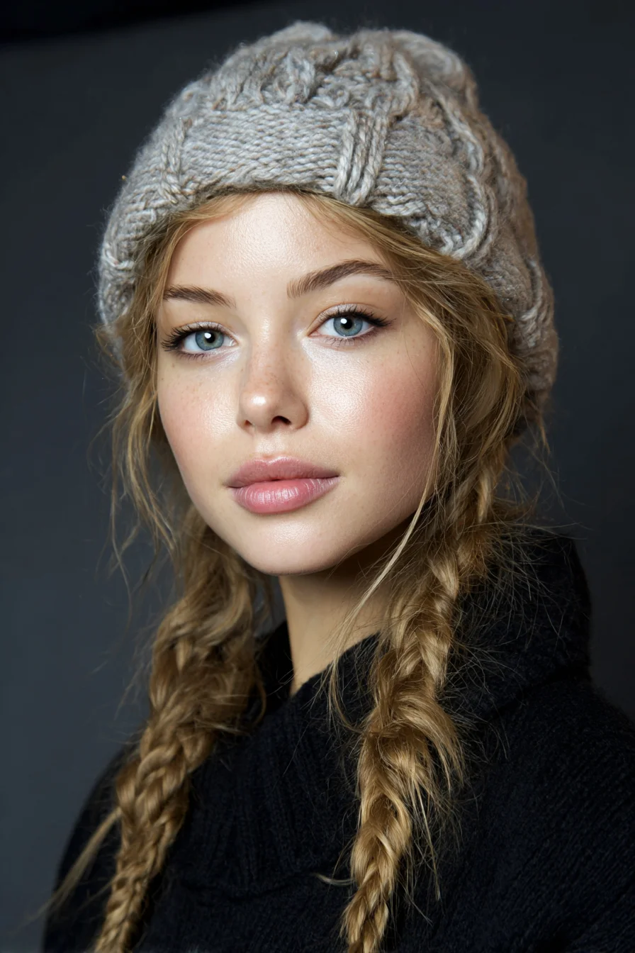 Textured Loose Double Braids with Beanie — Casual Winter Braid Style