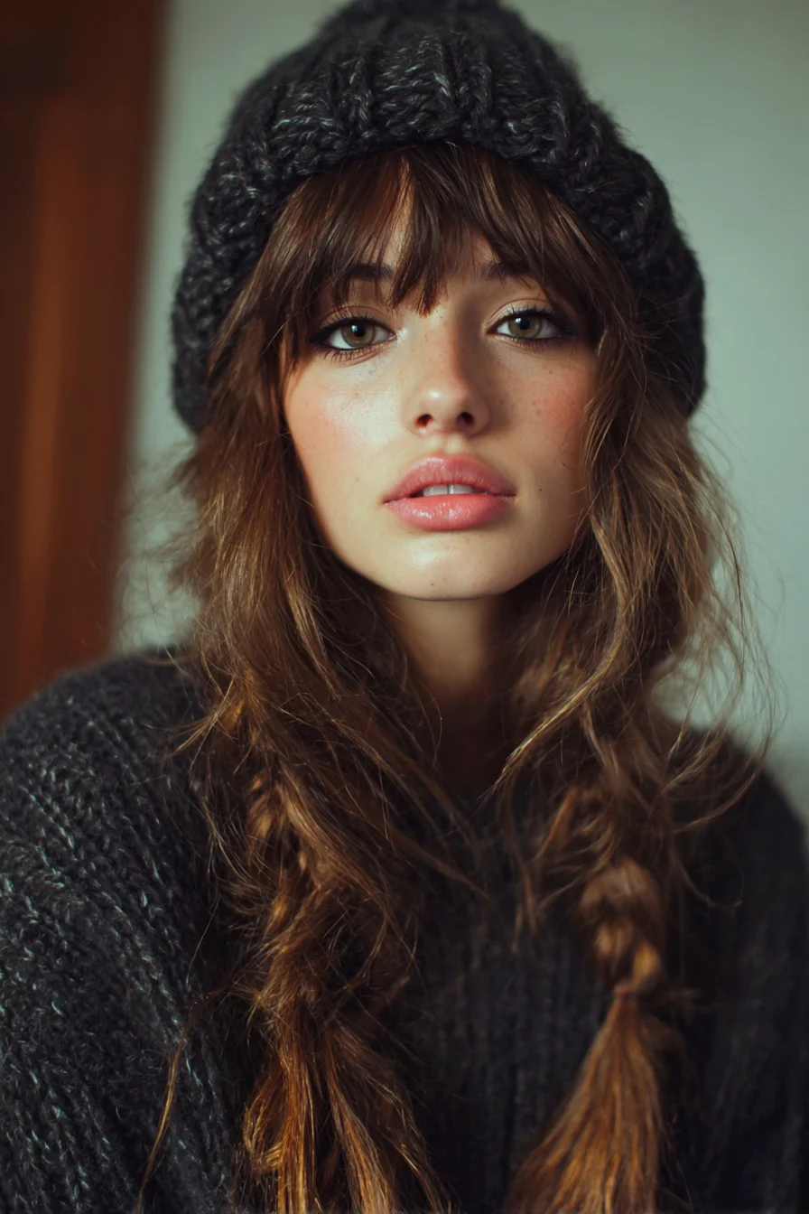 Textured Loose Double Braids with Curtain Bangs – Boho Winter Hairstyle