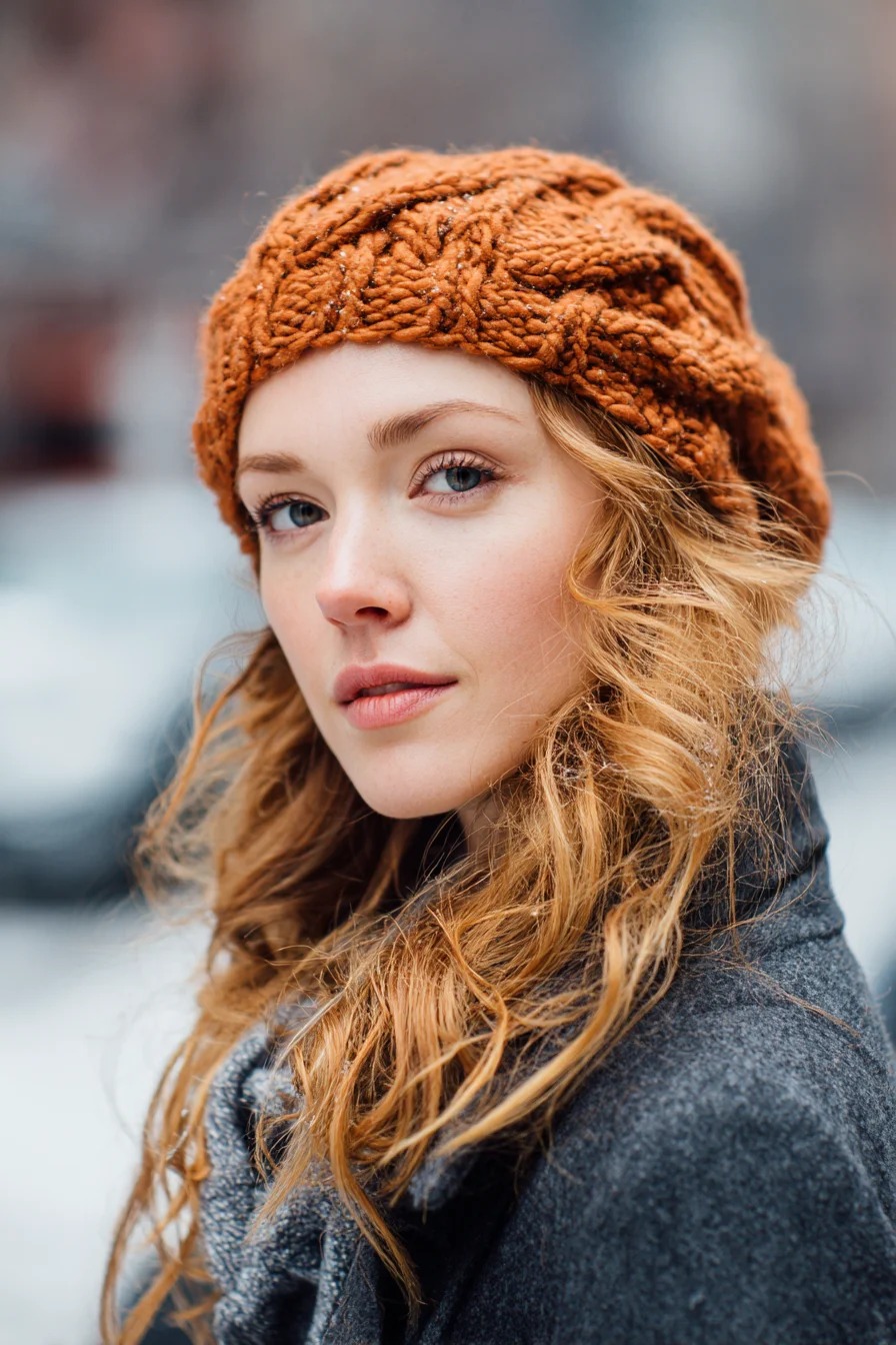 Textured Loose Waves with Knit Beret — Beachy Waves for Medium–Long Hair