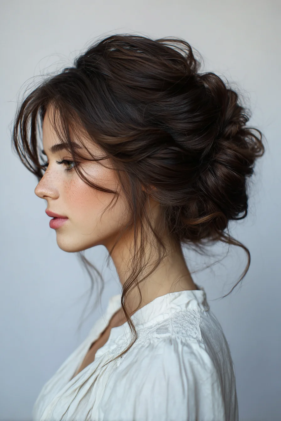 Textured Low Chignon Updo with Face‑Framing Tendrils