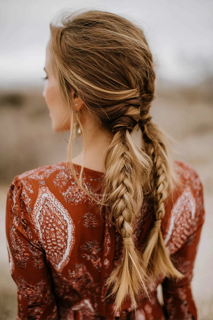 Textured Low Double Fishtail Braids with Wrapped Crown