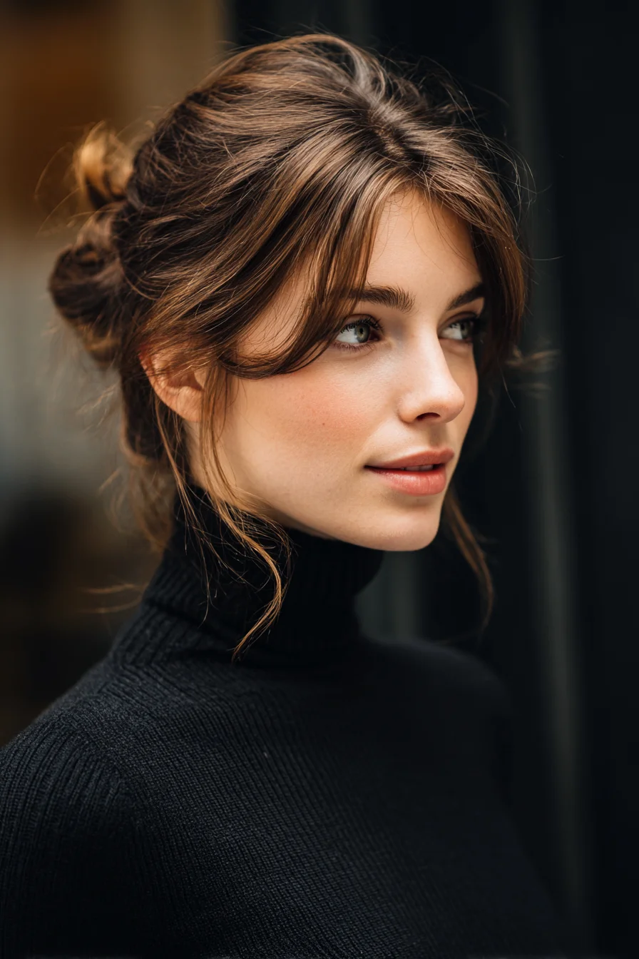 Textured Low Messy Bun with Curtain Bangs