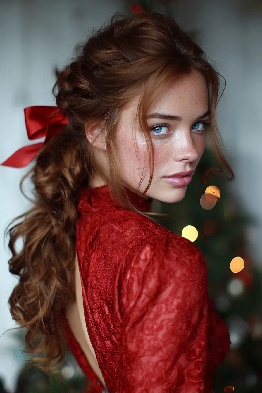 Textured Low Ponytail with Loose Waves and Ribbon