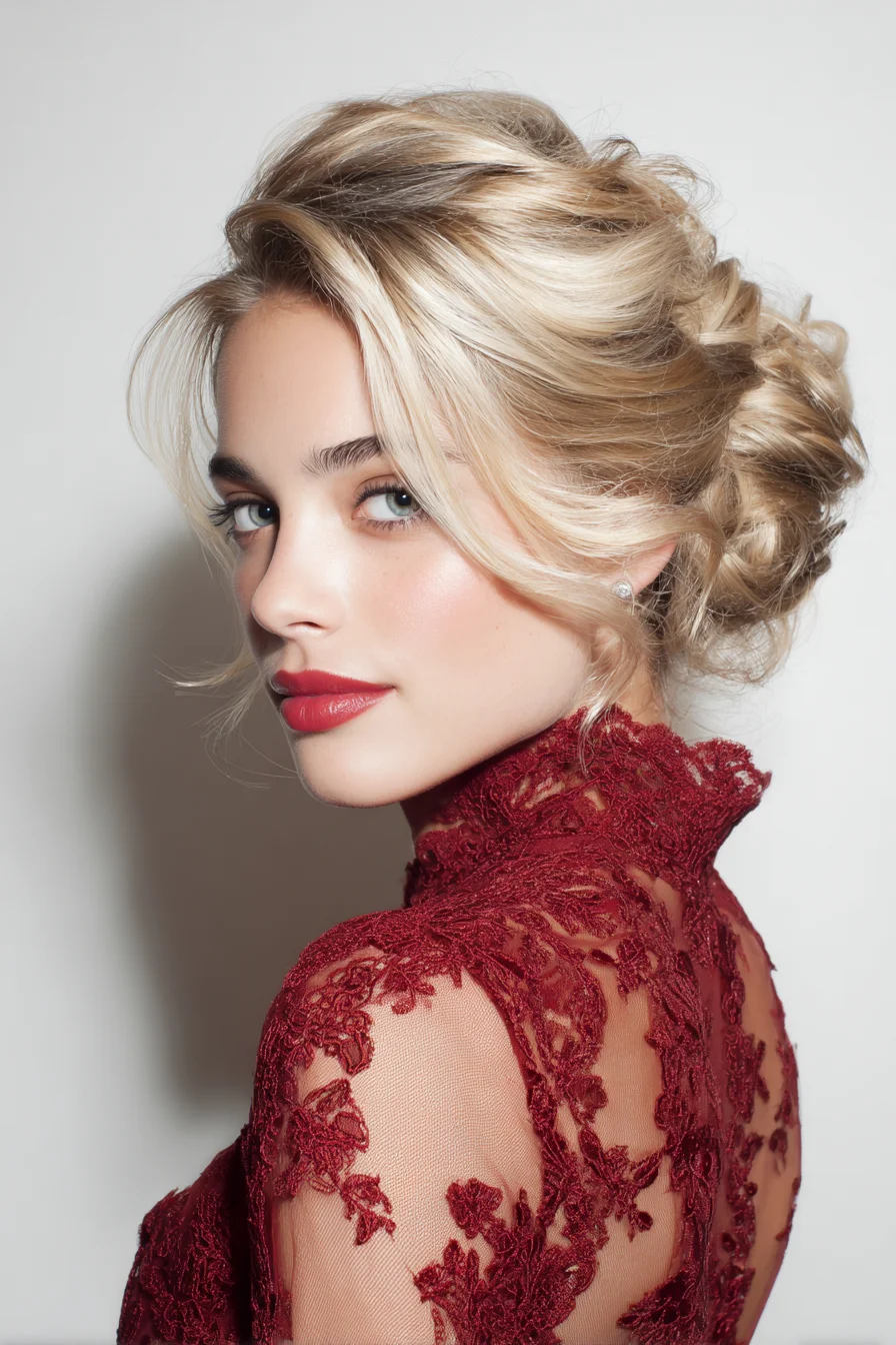 Textured Low Romantic Updo with Face‑Framing Tendrils