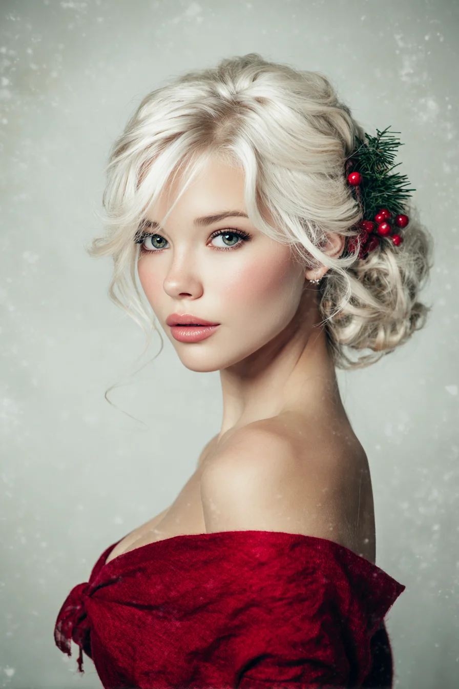 Textured Low Side Chignon with Face‑Framing Wisps and Holiday Foliage