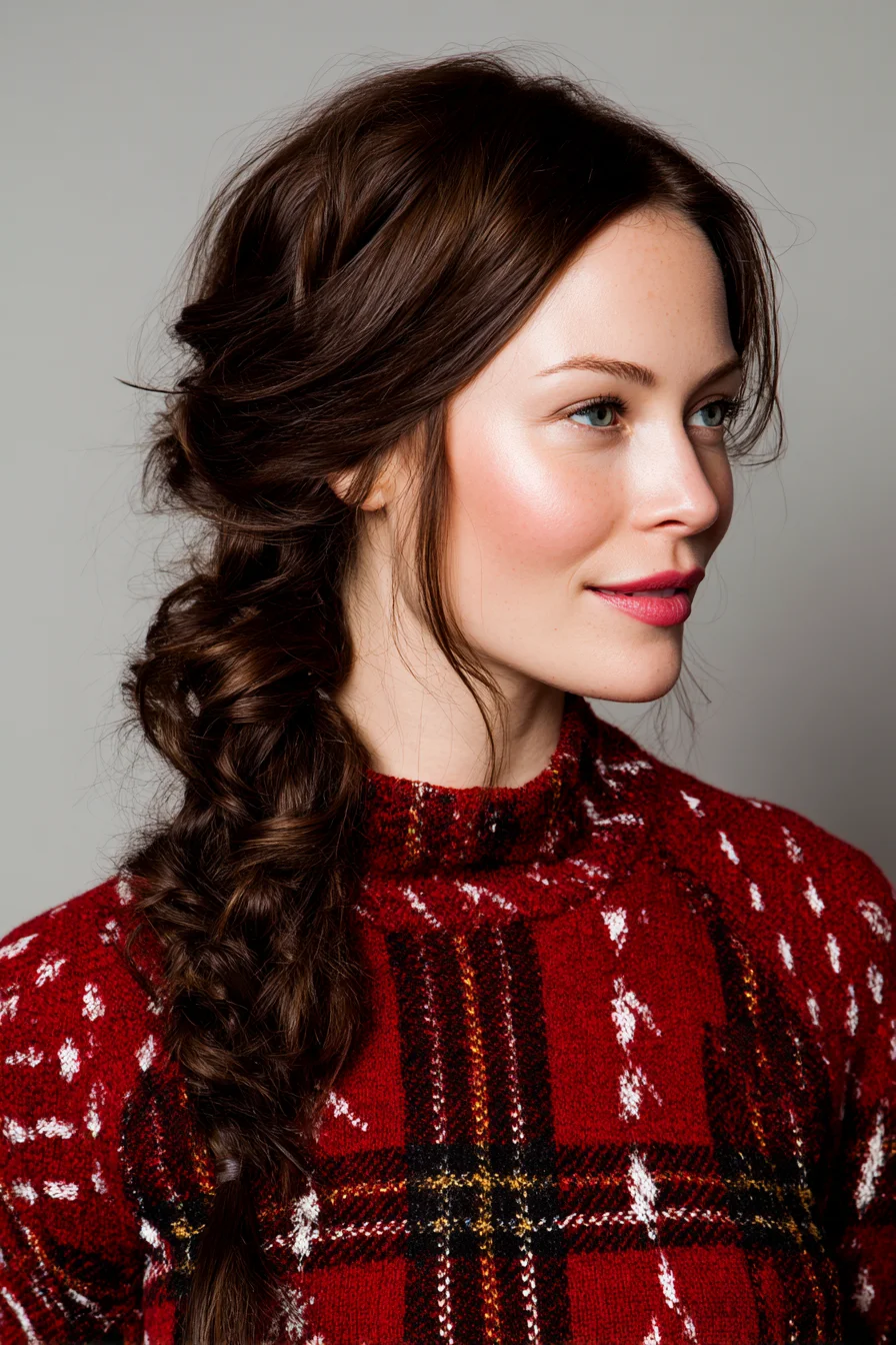 Textured Low Side Fishtail Braid with Face‑Framing Pieces