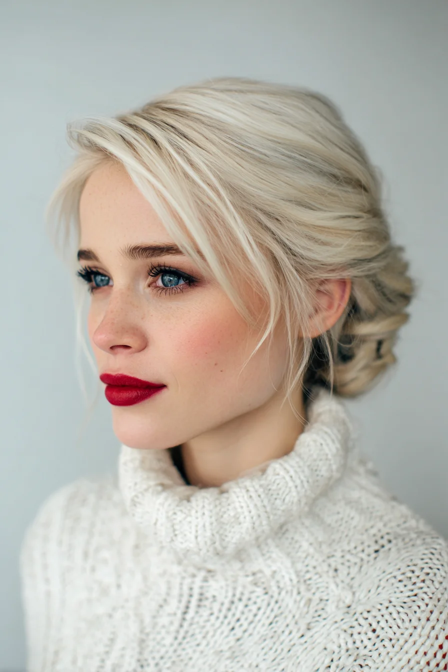 Textured Low Twisted Updo with Side‑Swept Fringe