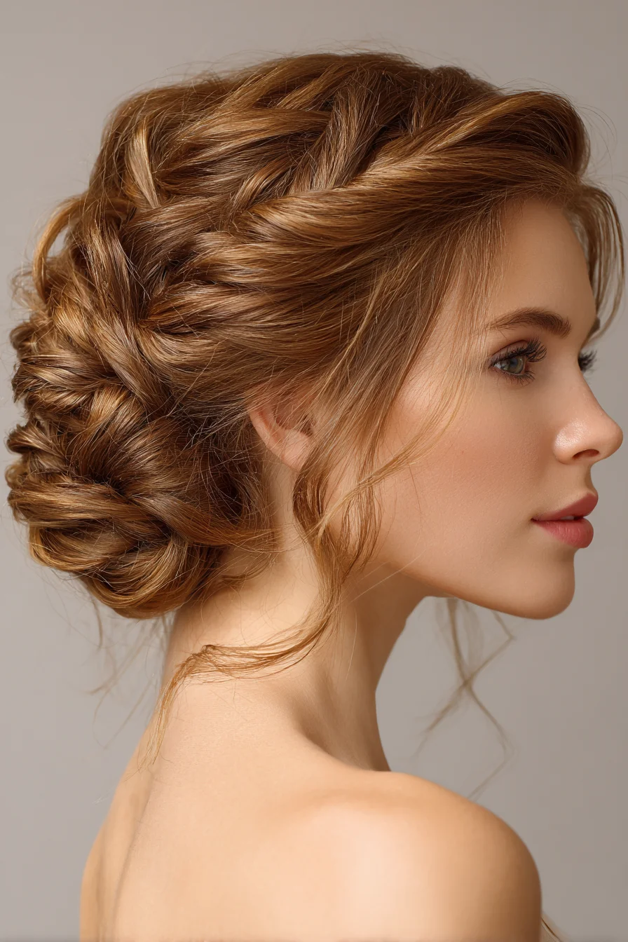 Textured Low Updo with Soft Face‑Framing Tendrils