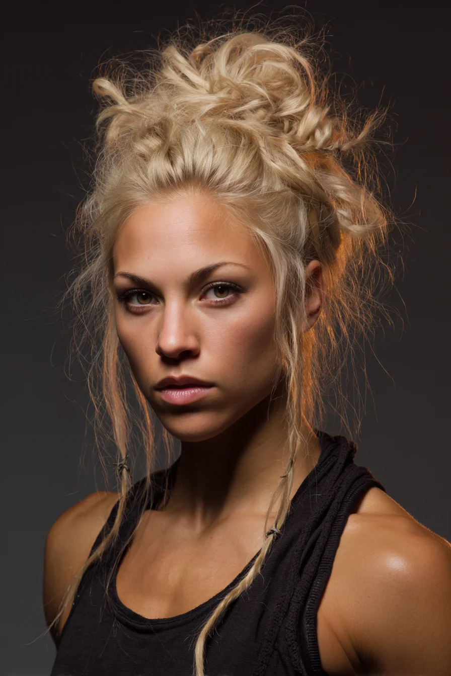 Textured Messy Blonde High Bun with Face‑Framing Braids