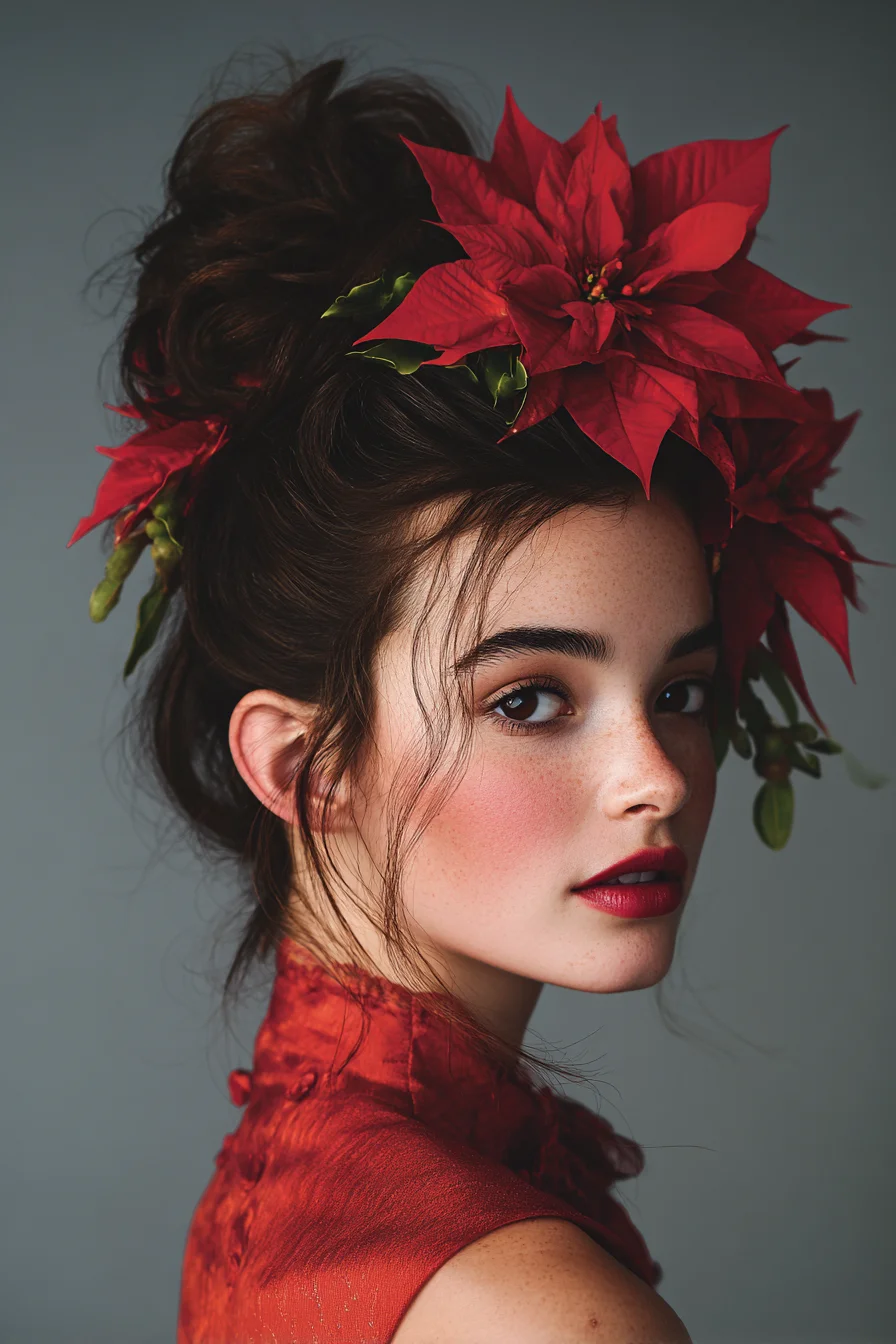 Textured Messy Bun Updo with Statement Floral Crown — Voluminous Romantic Style