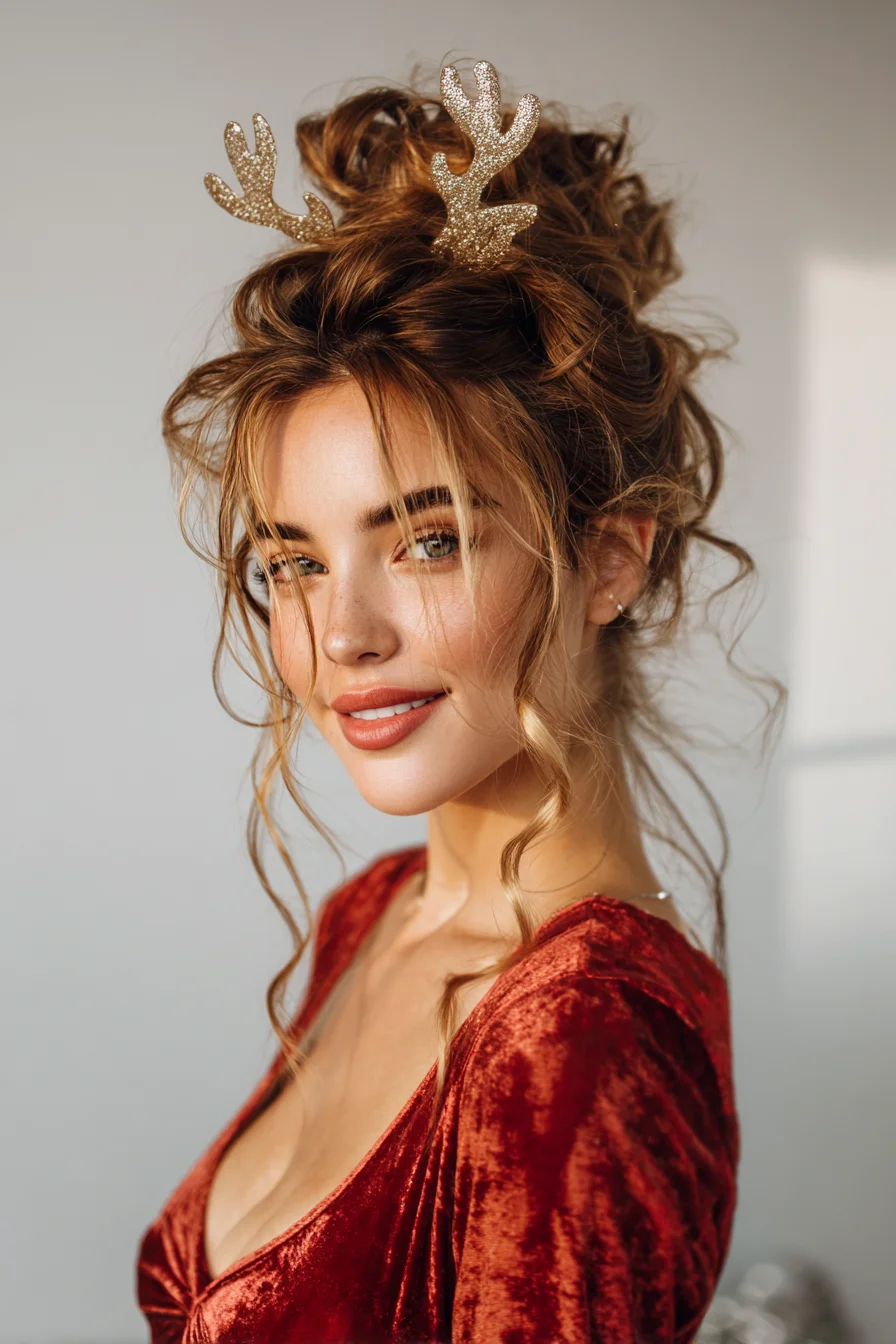 Textured Messy High Bun Updo with Face‑Framing Tendrils