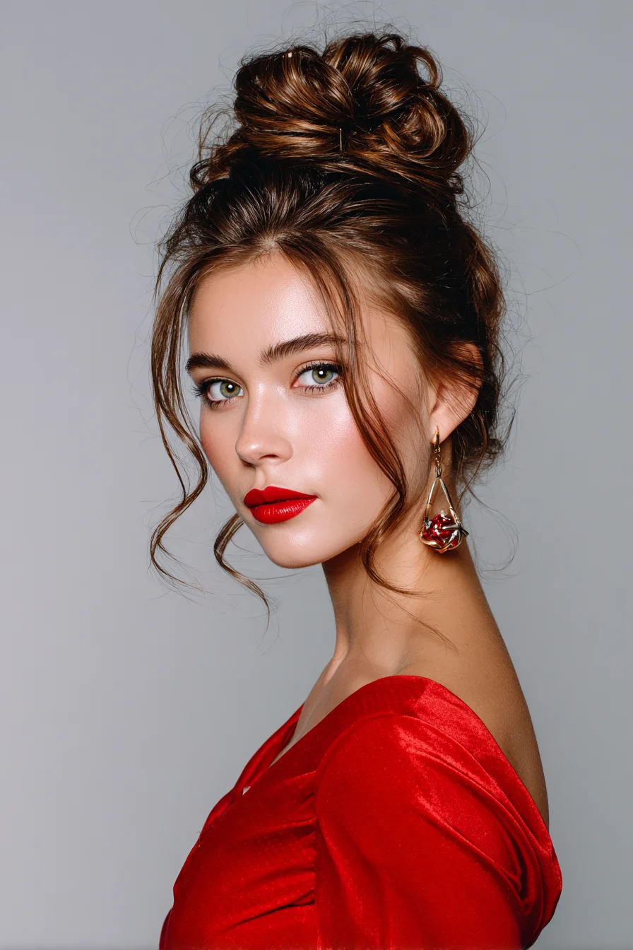 Textured Messy High Bun with Face‑Framing Tendrils