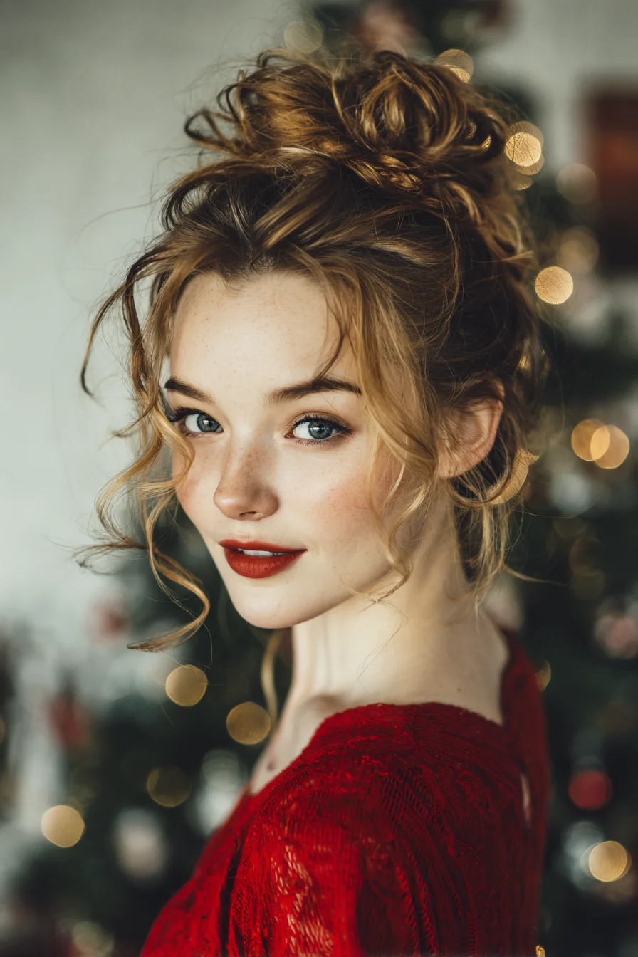 Textured Messy High Bun with Face-Framing Tendrils