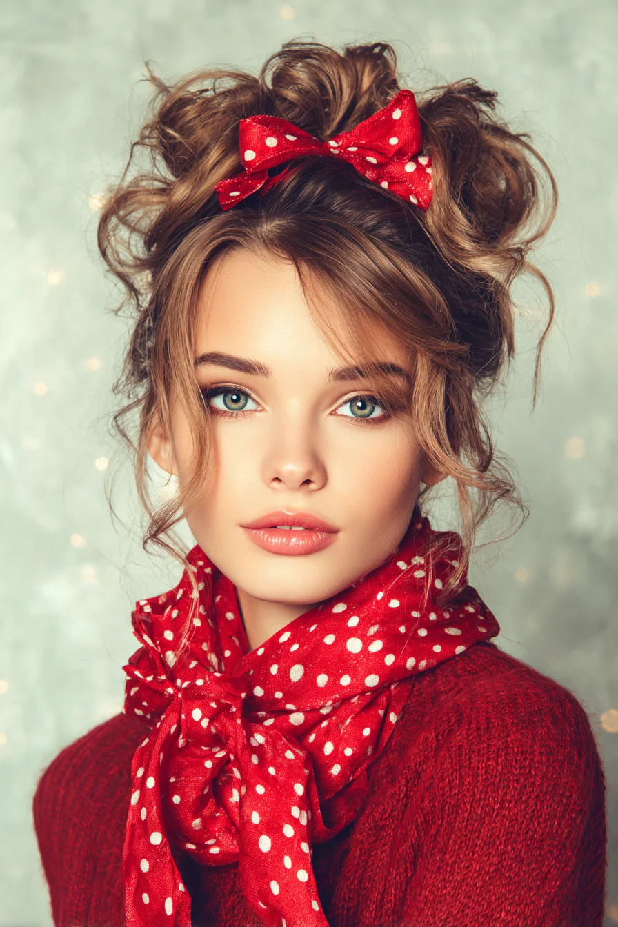 Textured Messy High Bun with Loose Tendrils and Red Ribbon Bow