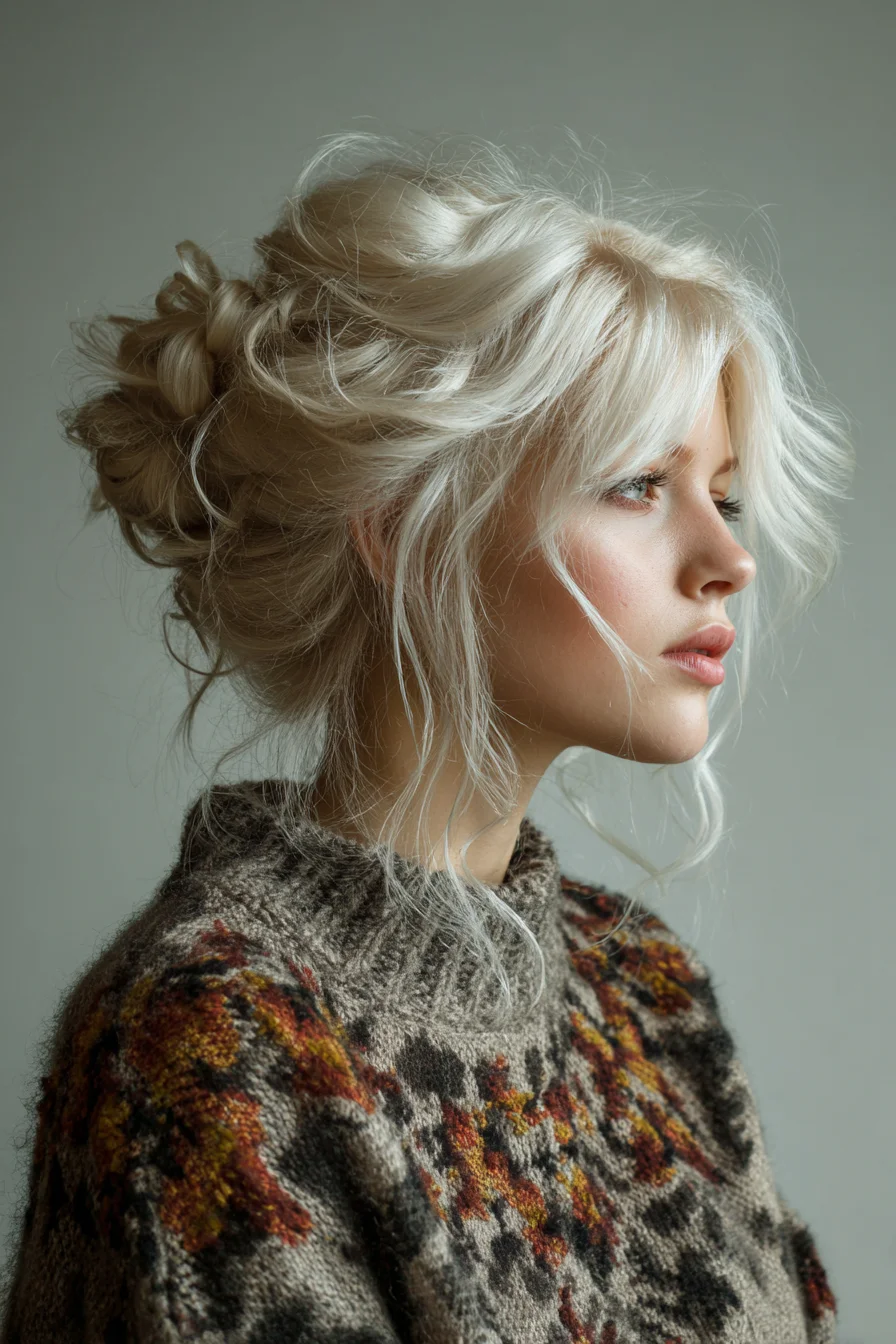 Textured Messy Low Bun Updo with Face‑Framing Layers