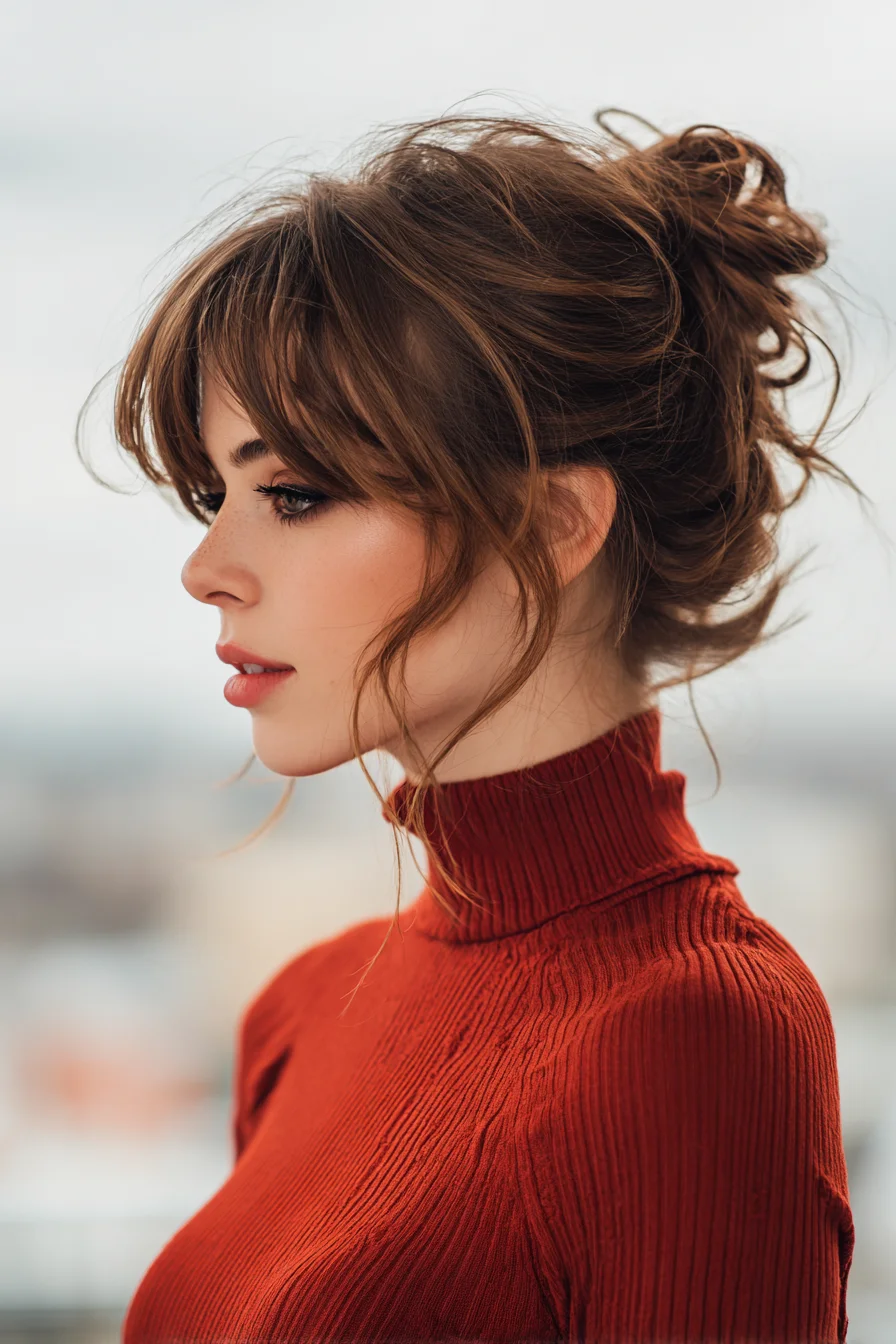 Textured Messy Low Bun with Curtain Bangs